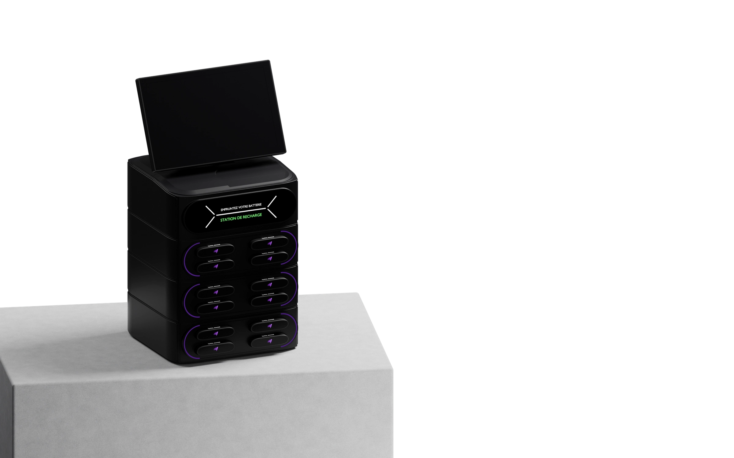 Borne Onexa Core noire avec ses douze batteries, posée sur un muret en pierre grise, écran noir.
