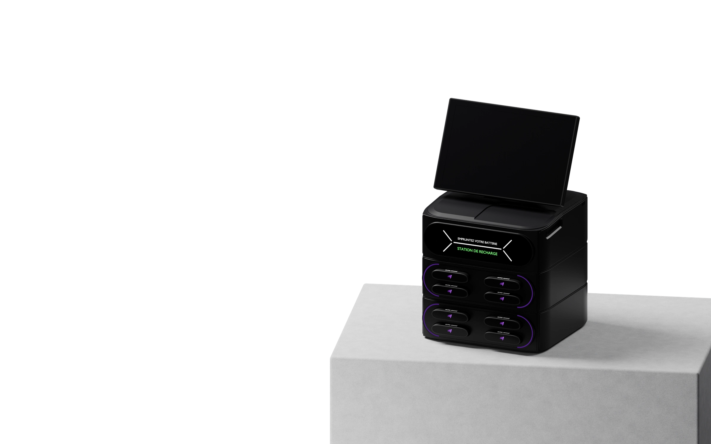 Borne Onexa Light noire avec ses huit batteries, posée sur un muret en pierre grise, écran noir.