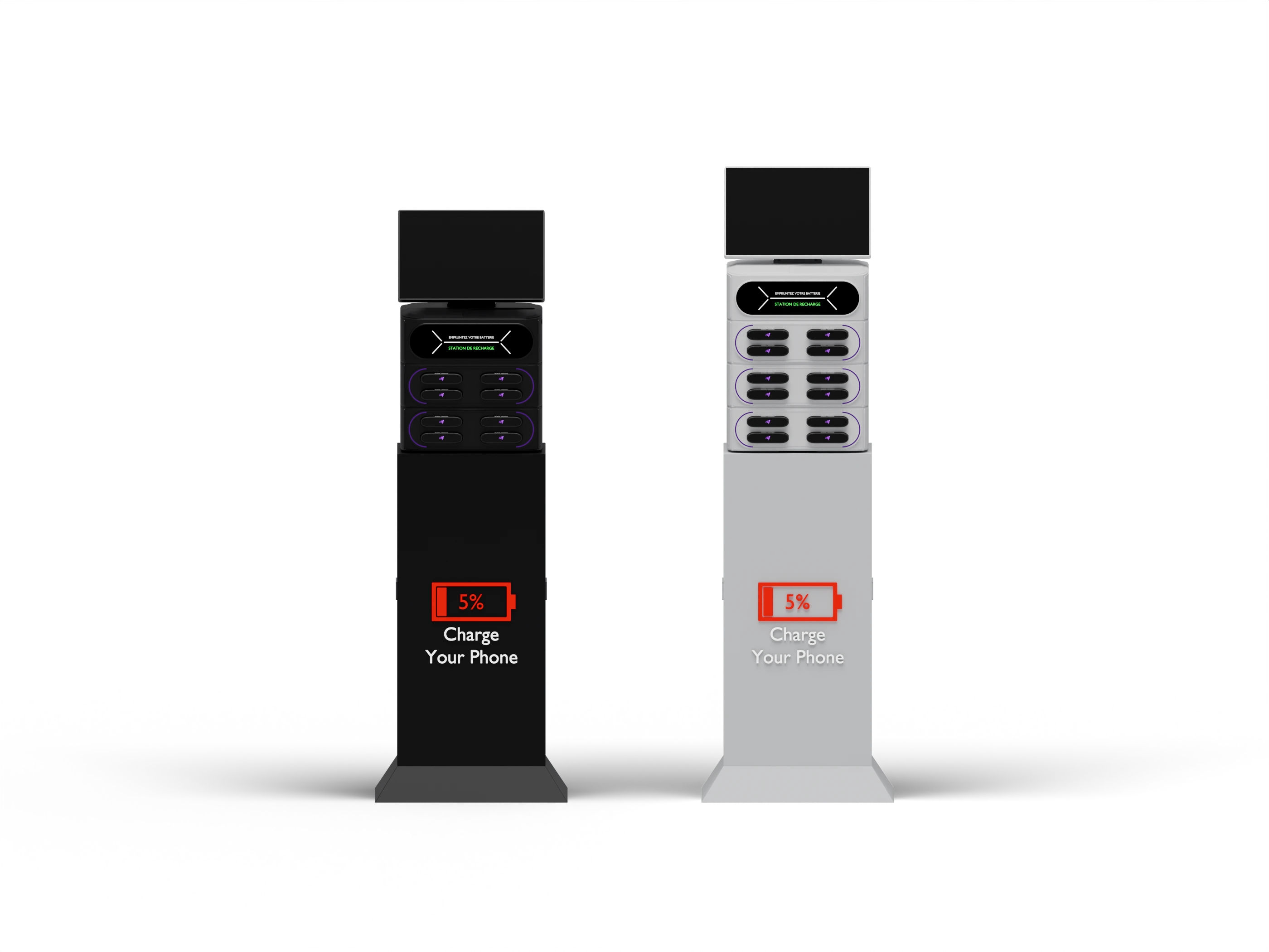 Deux stands Onexa vus de face sur un sol gris clair : Light noire avec huit batteries à gauche et Core blanche avec douze batteries à droite.