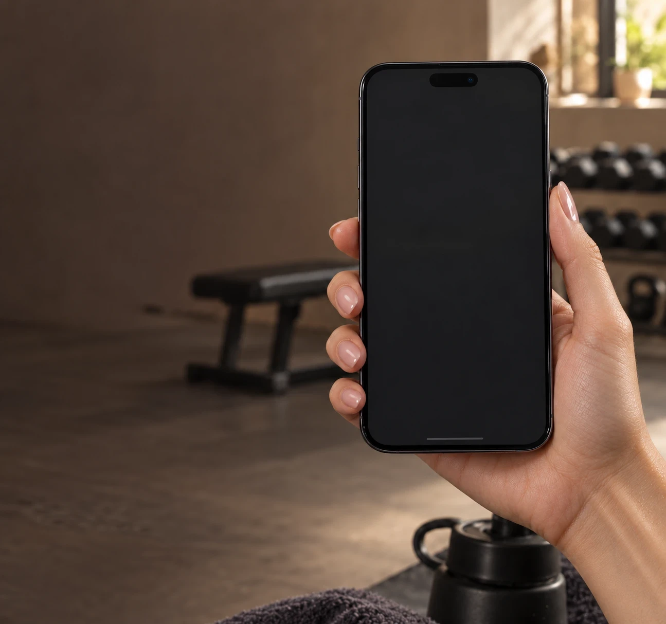 Un téléphone tenu dans une salle de sport, avec un aperçu de la webapp personnalisable Onexa sur son écran.